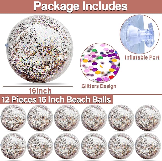 12 Pack Inflatable Glitter Beach Balls Bulk-16" Beach Ball Swimming Pool Toys for Games Adults Kids, Summer Pool Beach Party Decoration,Luau Decorations Essential Blow Up Beach Ball (Colorful,Glitter)