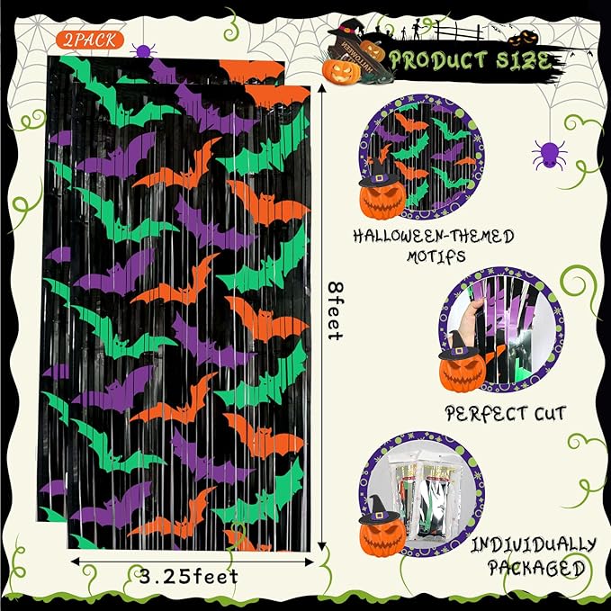 2 Packs Bat Foil Fringe Curtains - Purple Orange Green Halloween Door Streamers for Photo Backdrop, 3.3 x 6.6 ft Tinsel Curtains for Beetlejuice, Monster or Neon Glow Party Decorations