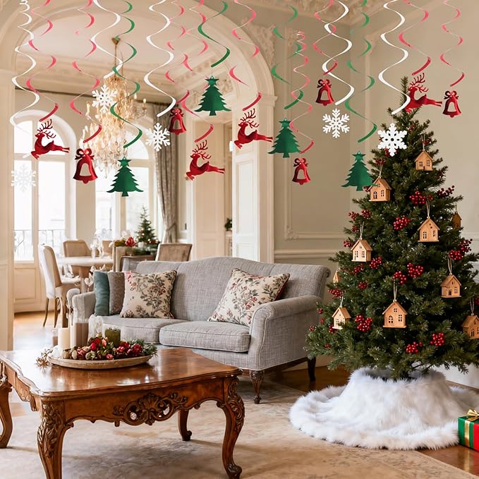 30 Pcs Christmas Hanging Foil Swirl Decorations Set Xmas Hanging String Garland for Winter Wall Christmas Party