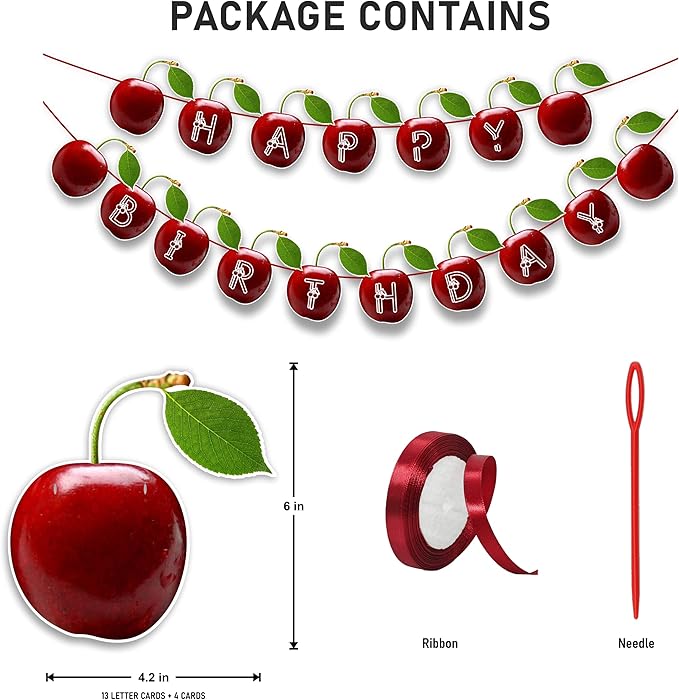 Cherry Happy Birthday Banner – Fruit-Themed Birthday Decoration Banner for Indoor Party Setup, Wall Hanging Display, Dessert Table Background, Photo Booth Backdrop, and Creative Birthday