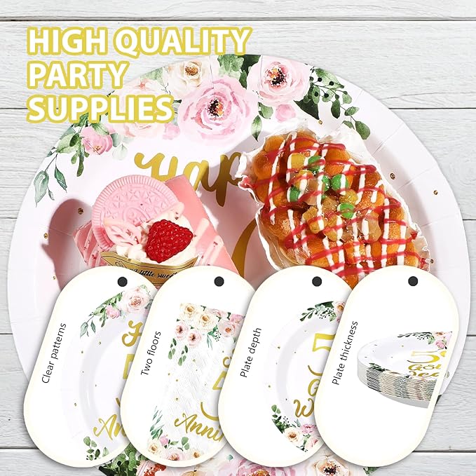 96 Pcs 50th Anniversary Decorations Pink Floral Happy 50th Anniversary Plates and Napkins Disposable Golden Wedding Tableware Set for Wedding 50 Years Loved Party Supplies Serves 24