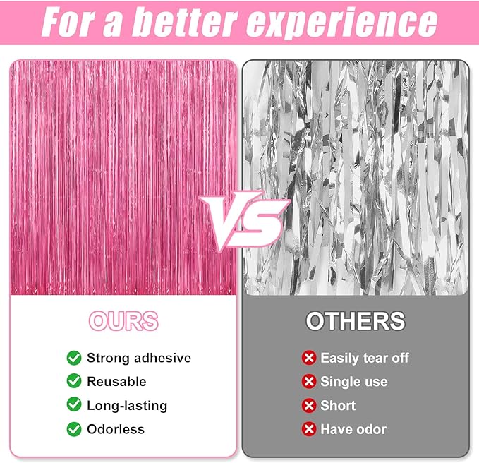 3 Pack Pink Foil Fringe Curtains Streamers Party Decorations 3.3 x 8.2 ft, Pink Tinsel Curtain Fringe Backdrop for Parties, Door Fringe Birthday Streamers, Barbie Backdrop Birthday Party Decorations