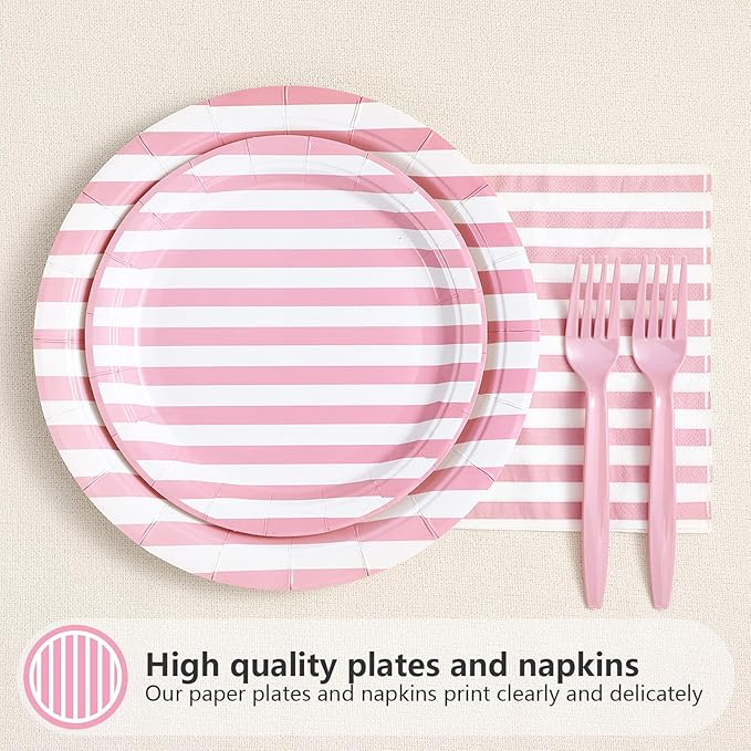 96Pcs Pink Striped Party Supplies Pink and White Stripe Plates and Napkins Disposable Pastel Striped Carnival Decoration Favors for Girls Birthday Wedding Bridal Baby Shower Summer BBQ Party Serves 24