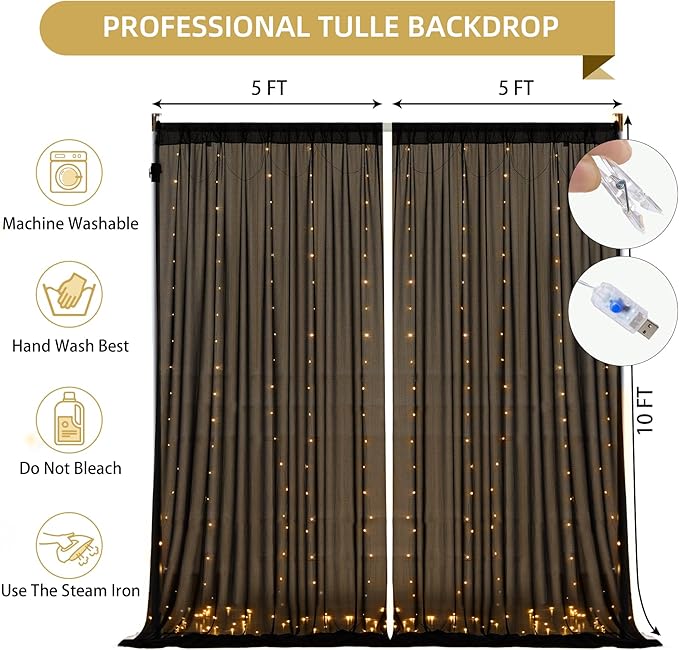10x10FT Black Wrinkle Free Backdrop Curtains with Lights String for Parties - Photo Curtain Backdrop with Lights for Wedding Decorations, Bridal Baby Shower Birthday Party Photography Background