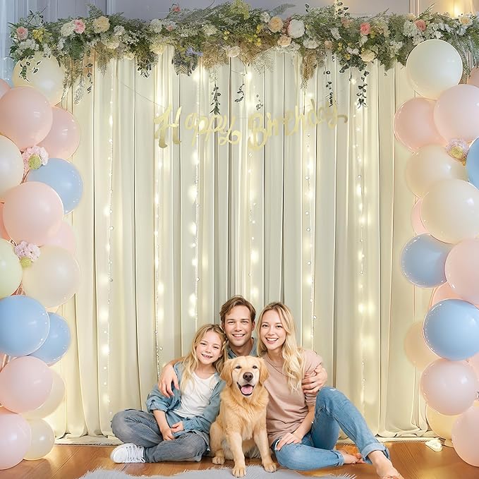 10 x 10ft Ivory Backdrop Curtains with Lights String for Wedding Photo Backdrop Drapes Wrinkle Free Polyester Curtains Backdrop for Baby Shower Birthday Parties Reception Ceremony - 5 x 10ft 2 Panels