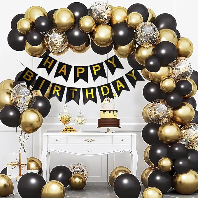 Happy Birthday Banner, Flag Bunting for Birthday Backdrop Decor, Happy Birthday Sign Party Supplies for Girls Boys Kids and Women Party Hanging Decor (Black&Gold)
