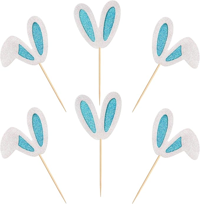 Ercadio 24 Pack Easter Bunny Ear Cupcake Toppers Glitter Blue White Rabbit Ears Cupcake Picks Easter Bunny Cupcake Toppers Rabbit Cake Toppers for Kids Boys Birthday Baby Shower Party Supplies
