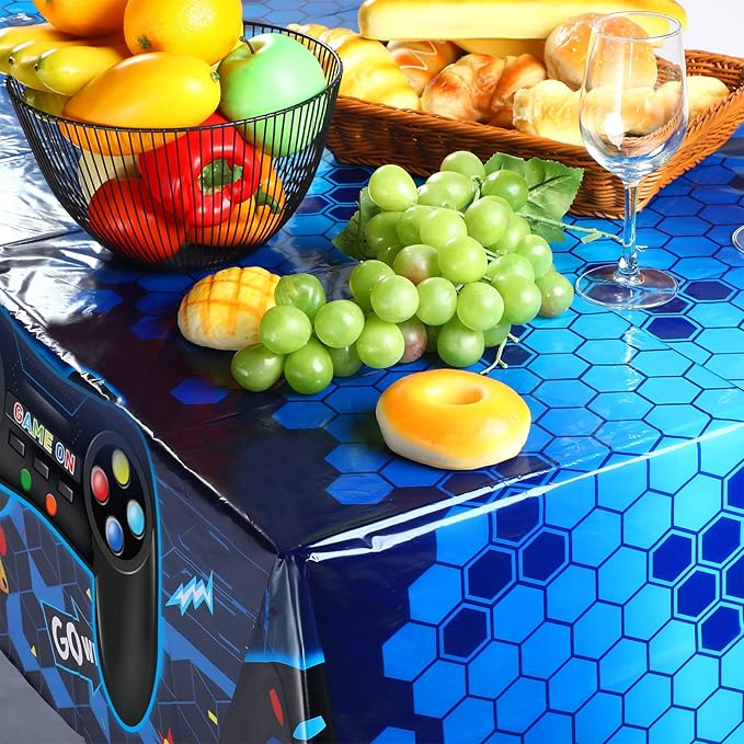 Tatuo 1 Pcs Video Game Table Cover, Game Theme Birthday Decoration Plastic Table Cloth Party Supplies for Boys Girls Kids Player Geek Party Decorations, 54 x 108 Inch (Blue)