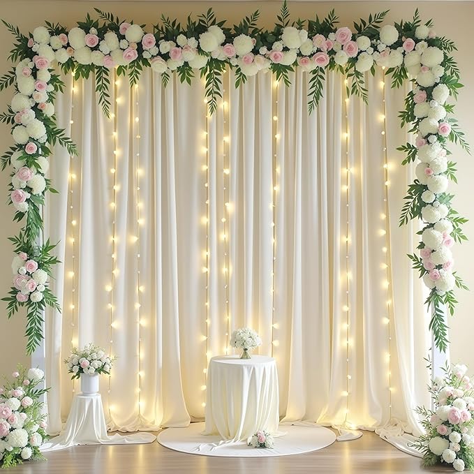 20x10FT Cream White Backdrop Curtains with Lights for Parties,Wrinkle Free Wedding Photo Backdrop Curtains for Baby Shower Birthday Ceremony Reception Home Party Decorations-5ft x 10ft,4 Panels