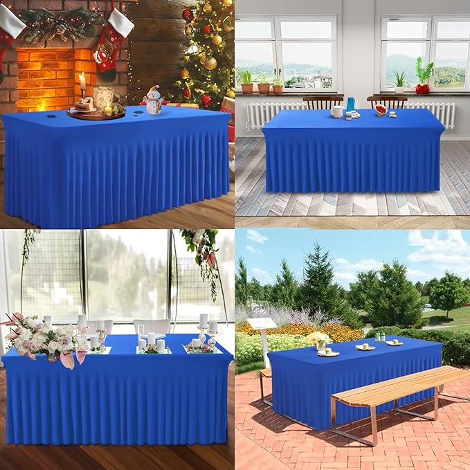 Table Skirt for 4 Foot Tables - 2 Pack One-Piece Royal Blue Tablecloths and Skirt, Wrinkle Resistant Ruffles Elastic Cover for Banquets, Weddings, Events, Parties