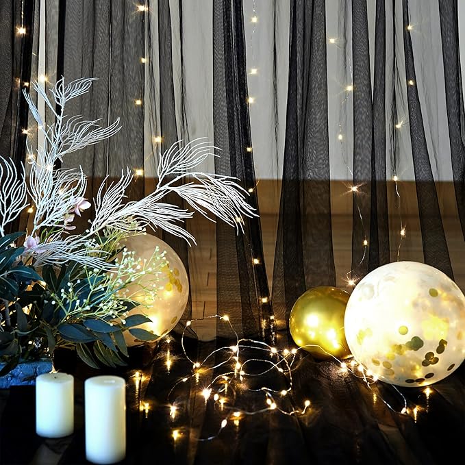 10×15ft Black Sheer Backdrop Curtains with Lights String for Parties Birthday Black Tulle Backdrop Curtain for Baby Shower Wedding Graduation Halloween Party Photo Shoot Decorations 2 Panels 5×15ft