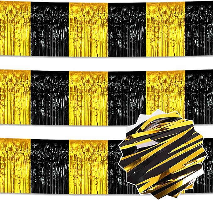 3 Pack 10 Ft Black and Gold Foil Fringe Garland Metallic Streamers Tinsel Banner Wall Hanging Garland Backdrop for Parade Floats, Halloween, Christmas, Thanksgiving, New Year Party Decorations