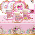 WorldBazaar Tea Party Disposable Tableware Set Pink Tea Party Supplies 12 Sets Floral Paper Tea Cups and Saucers Plates Napkins Tablecloth Pink Birthday Table Decorations Women Girls Adults