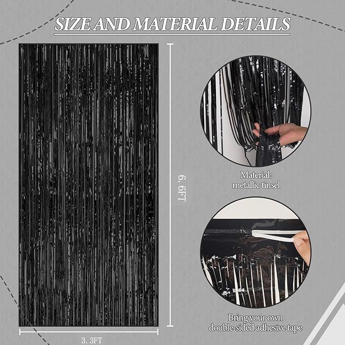2 Pack Foil Fringe Backdrop - Black Shiny Tinsel Curtains for Party Decoration/Photo Booth Props - 3.3x6.6 FT Metallic Foil Backdrop for Birthday, Wedding, Graduation, Christmas.