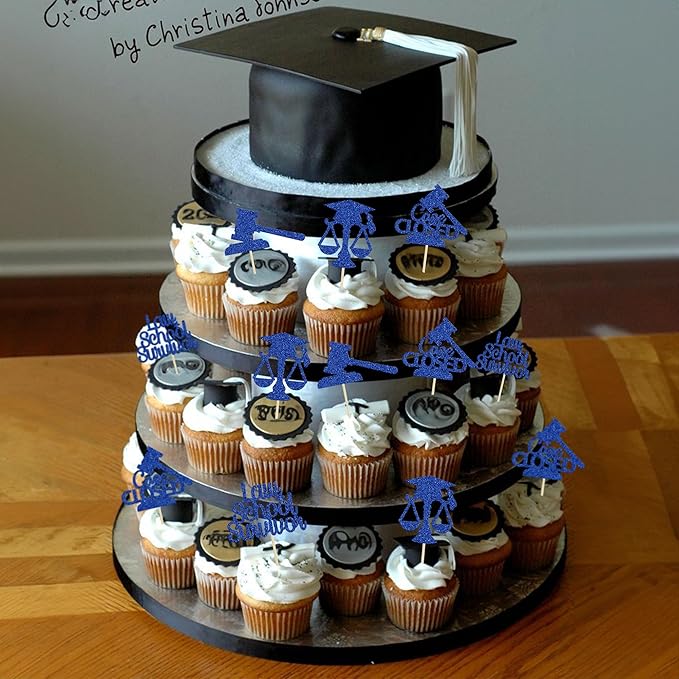 Gyufise 24Pcs 2026 Lawyer Graduation Cupcake Toppers Blue Glitter Class Of 2026 Lawyer Grad Cake Toppers Cap Diploma Case Closed Cupcake Picks 2026 Graduation Theme Party Cake Decorations Supplies