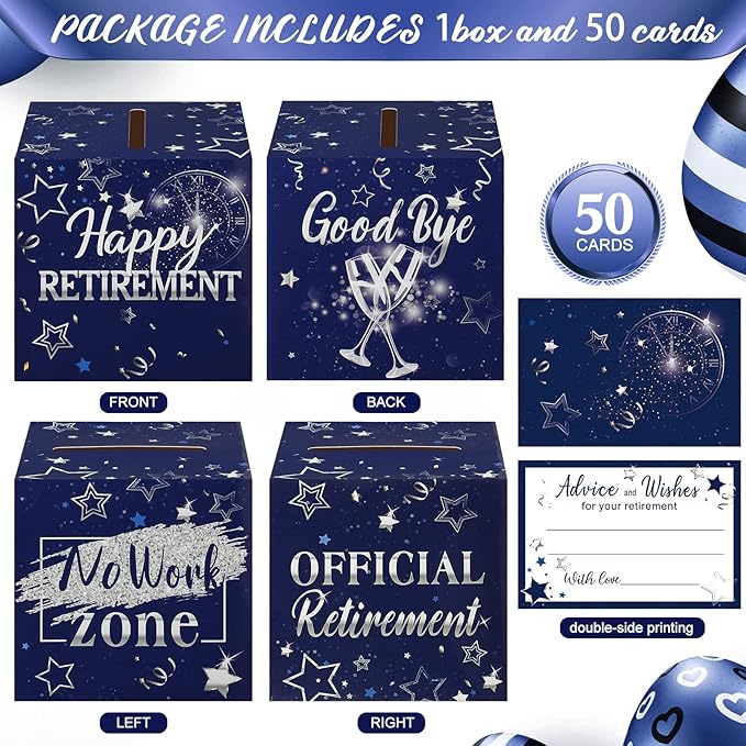Funrous 51 Pcs Retirement Card Box Advice & Well Wishes Cards for Women Men Happy Retirement Party Decorations Going Away Party Favors(Blue and Silver)