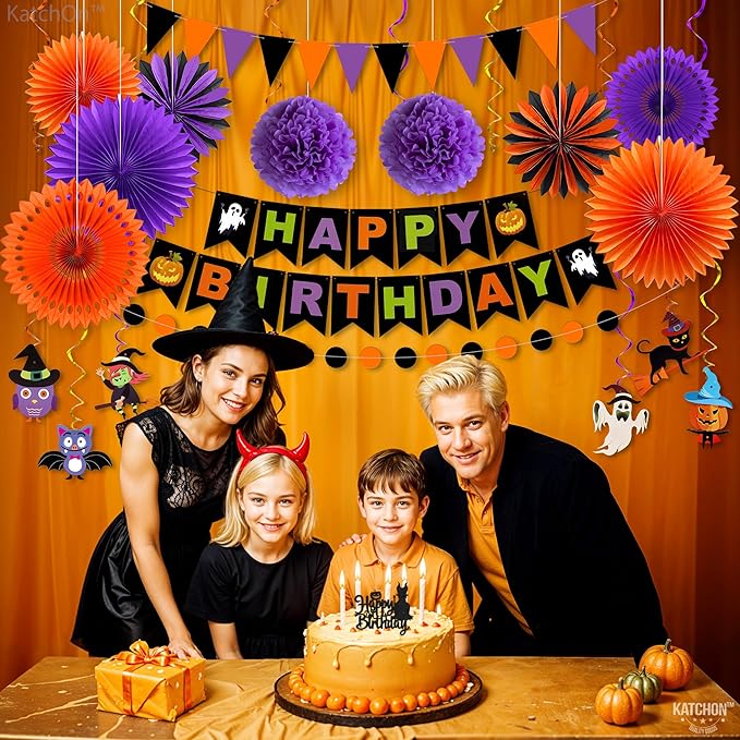 KatchOn, Halloween Birthday Party Decorations Set - Pack of 31 | Halloween Happy Birthday Banner, Honeycomb Balls, Paper Fans, Hanging Swirls Garland for Indoor Decor | Happy Brithday decorations