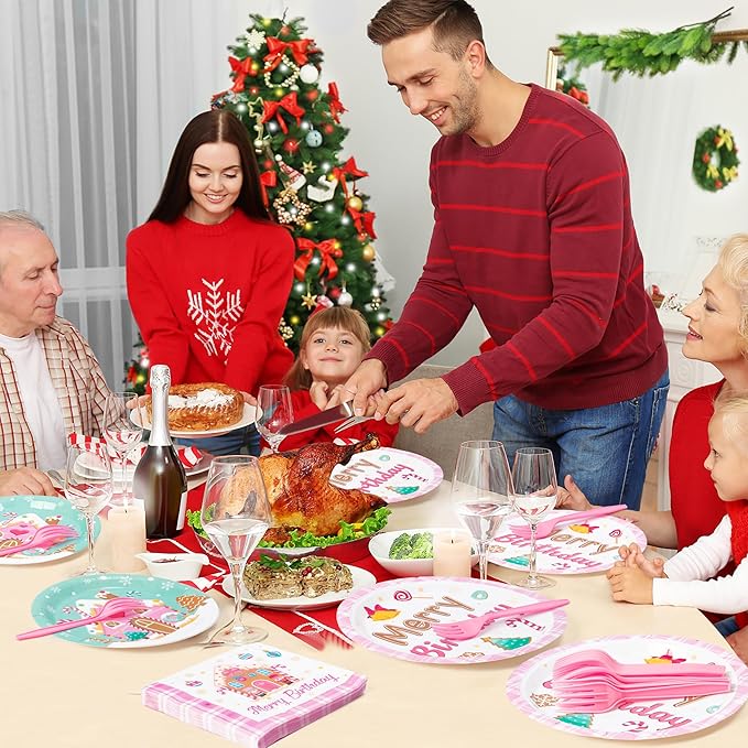 Merry Birthday Christmas Xmas Pink Village Houses Candy Party Plate Supplies - Serves 24-96Pcs Party Tableware Decoration Disposable Paper Plate Napkin Fork for Winter Holiday Birthday