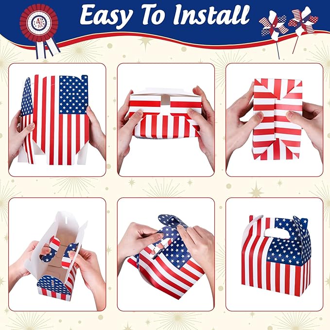 Whaline 12Pcs Patriotic Treat Box with Handle 4th of July American Flag Print Gift Boxes Independence Day Candy Goodie Boxes for Memorial Day Holiday Party Decorations