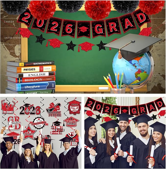 Red and Black Graduation Decorations 2026, 2026 Grad Banner and Congrats Grad Hanging Swirls, Red Graduation Banner Graduations Hanging Swirls College Graduations Party Decorations Class of 2026