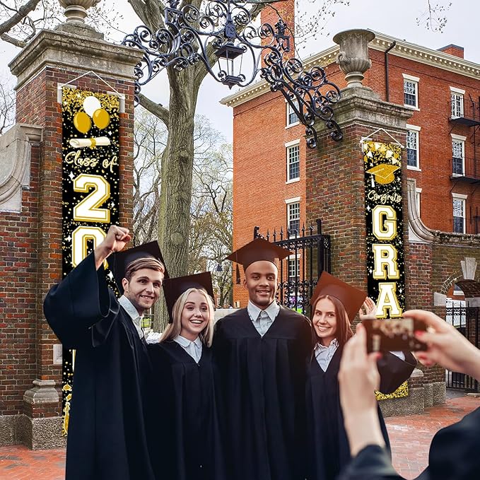 Class of 2026 Graduation Decorations Black and Gold Congrats 2026 GRAD Porch Sign Banner for High School and College Graduation Party Decoration