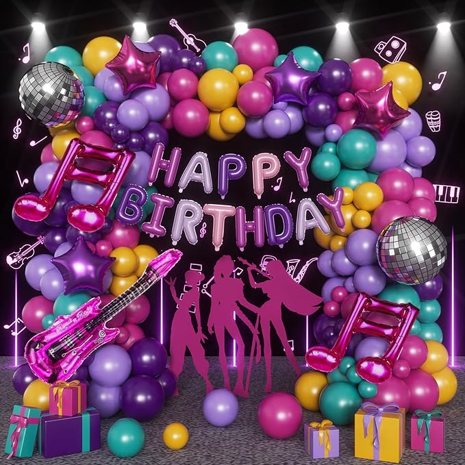 167PCS Purple Pink Teal K-Pop Music Themed Birthday Decorations with HAPPY BIRTHDAY &Musical Symbols & Disco Star & Guitar Foil Balloons for Kpop Music Girls Fans Birthday Party Grad Prom Decoration