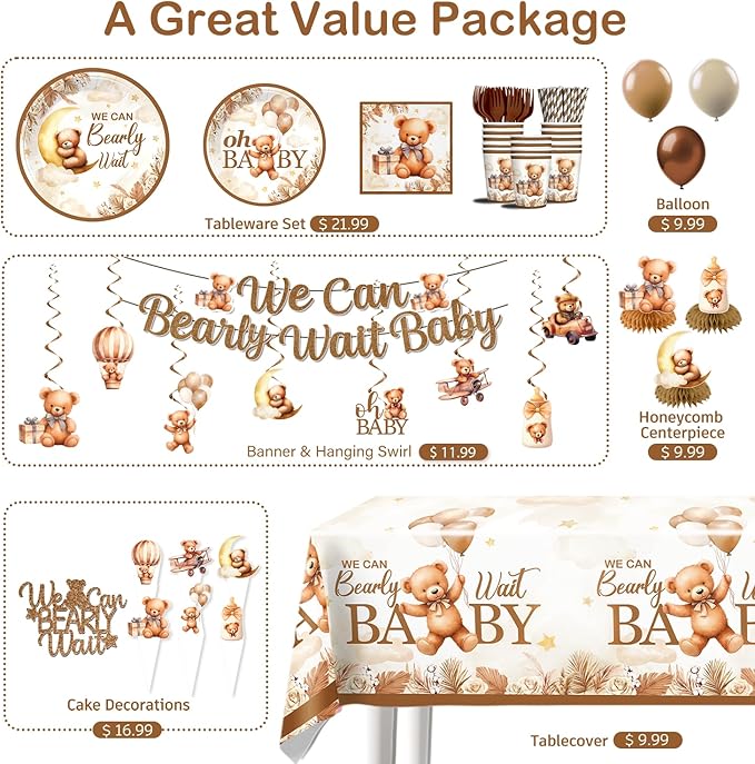 163pcs Bearly Baby Shower Decorations Complete Tableware Set, Serves 20 Guests, Teddy Bear Baby Shower Decor, Bear BabyShower Decorations Boys Girls, For Barely Theme Party