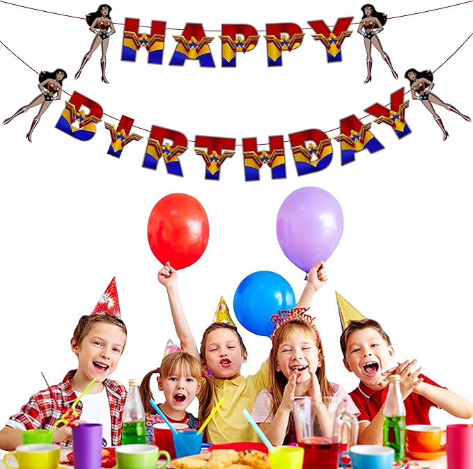 "Wondr Woman Happy Birthday Banner – Superhero Theme Party Decorations for Girls – Colorful Hanging Birthday Banner for Birthday,Comic Fan Celebrations, School Events & Party Supplies"