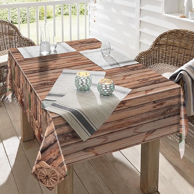Western Party Tablecloths, 54 x 108 Inch Disposable Plastic Cowboy Table Cover for Rustic Farmhouse, West Wooden House, Western Theme Birthday Decorations Outdoor Indoor Party
