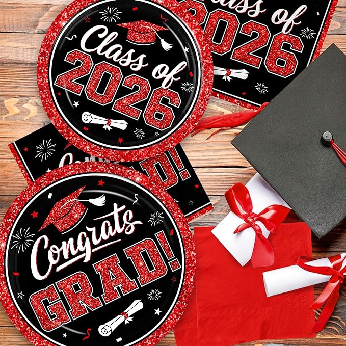 Graduation Decorations 2026 Graduation Party Plates and Napkins Set Black Red Class of 2026 Graduation Party Supplies for Congrats Grad Party Decor, Serve 50