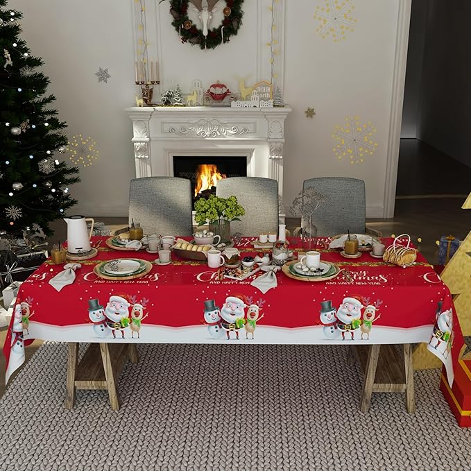 Fibevon Christmas Tablecloths, 2-Pack Rectangular Disposable New Year Tablecloth 54 by 110 inch Premium Table Covers with Elk Snowman and Santa Claus Plastic Tablecloth for Happy New Year Decor
