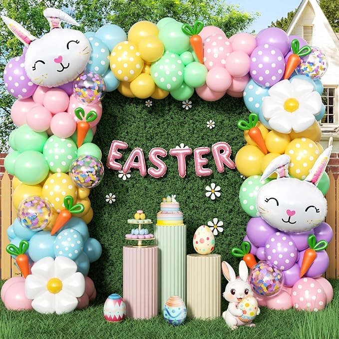 171Pcs Easter Balloon Arch Kit - Pastel Balloon Garland Kit with Bunny, Carrot & Daisy Balloons for Easter Party, Spring Birthday, Baby Shower, Rainbow Easter Supplies Party Decorations