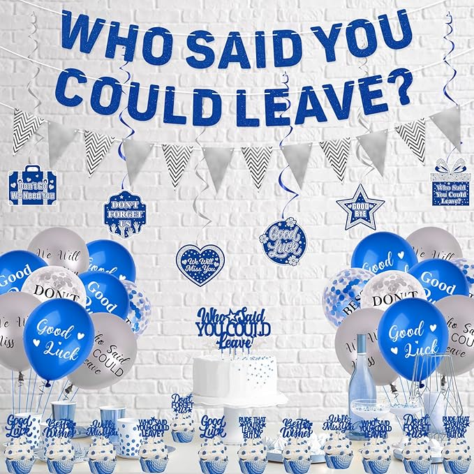 Roetyce Farewell Party Decorations, Blue Silver Who Said You Could Leave Banner Cake Toppers Balloons Hanging Swirls, Going Away Retirement Leaving Party Decorations, Coworker Goodbye Party Supplies