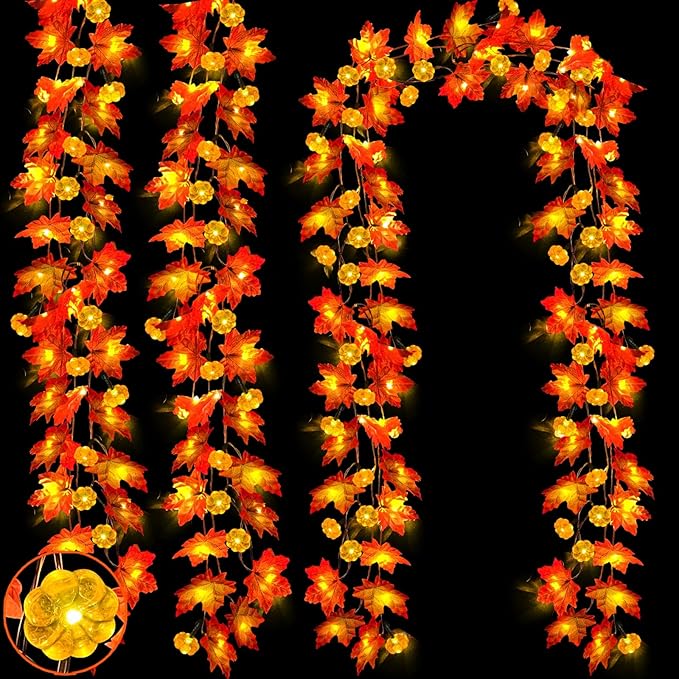 3Pack&Timer-Fall Decor Fall Garland with Pumpkin Lights Fall Decorations for Home, 30Ft 60LED Garland Lights Patented Enlarged Maples Leaf Battery Operated Indoor Outdoor Thanksgiving Halloween Decor