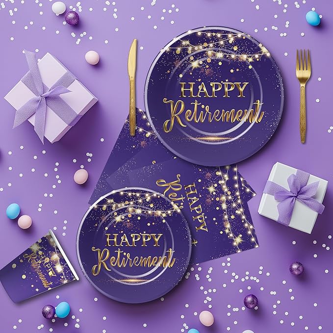 Xigejob Retirement Decorations Paper Plates And Napkins Party Tableware Women - Purple Happy Retirement Party Decorations Supplies, Plate, Cup, Napkin, Fork | Serves 24