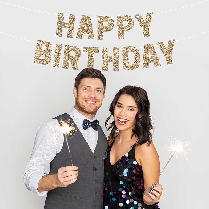 Pre-strung Happy Birthday Banner - No DIY - Gold Glitter Birthday Party Banner for Men & Women - Pre-strung Garland on 8 ft Strands - Gold Bday Party Decorations & Decor. Did We Mention No DIY