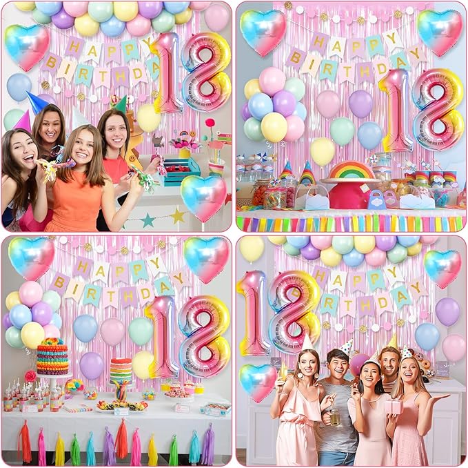 18th Birthday Decorations Rainbow,Gradient Number 18 Balloon,Pastel Happy Birthday Banner Fringe Curtain Heart Foil Balloons Boys Girls 18 Year Old Decor