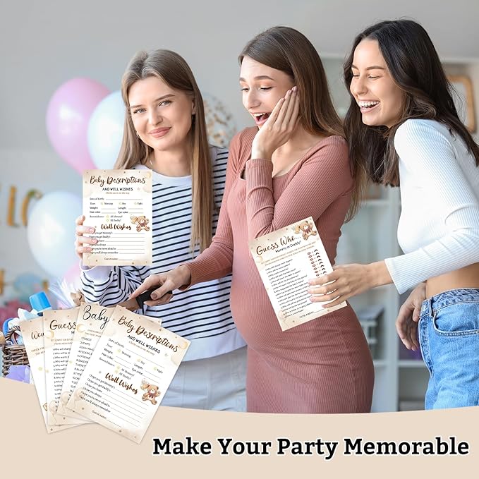 HOMANGA Baby Shower Games for Boy or Girl, 4 Funny Games for 25 Guests, Who Knows Mommy Best, Guess Who, Word Scramble, Gender Neutral Bear Design Baby Shower Decorations