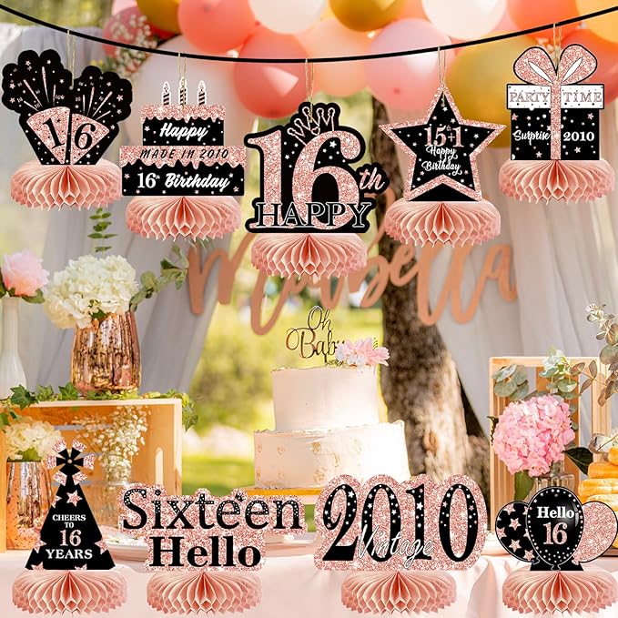 9Pcs Rose Gold Sweet 16 Birthday Decorations Honeycomb Centerpieces for Girls,Pink Happy 16th Birthday Centerpieces Tables Toppers Party Decorations Supplies 16th Table Sign Decor