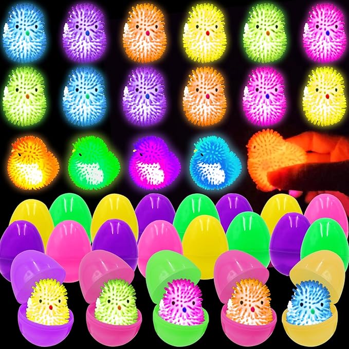 12 Pack Easter Egg Fillers Chick LED Puffer Balls ,LED Light up Toys Flashing Spiky Toys Bulk Glow in The Dark for Kids Boys Girls Classroom Prizes Easter Basket Stuffers Party Favors