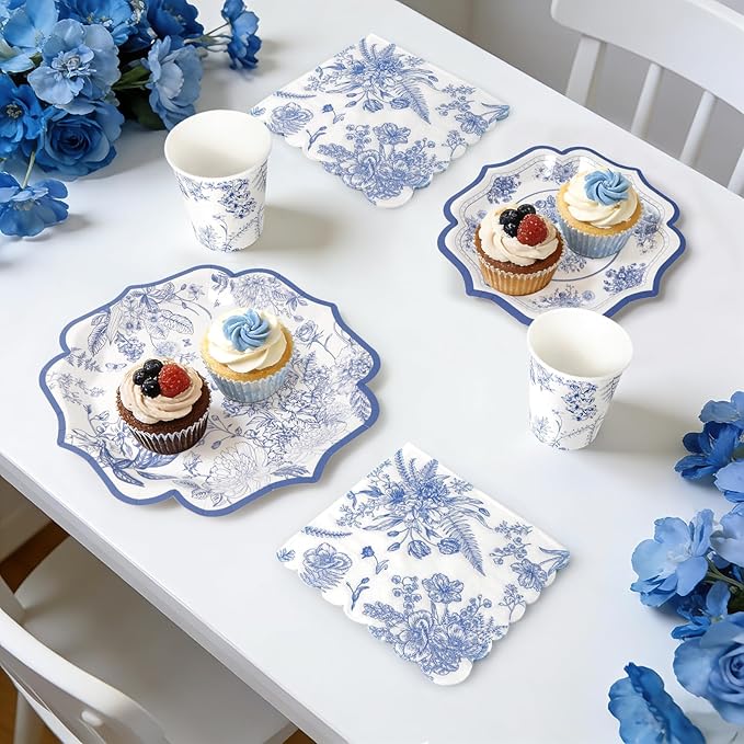96pcs Blue and White Floral Paper Plates - Blue Flower Party Plates, Cups and Napkins Serve for 24 Baby Shower Spring Garden Birthday Wedding Tea Party Supplies Decorations