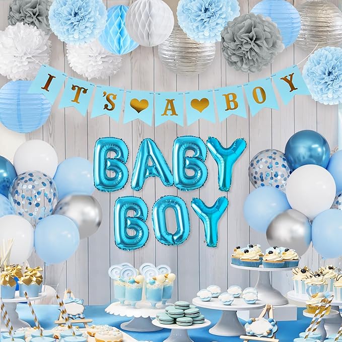 Ouddy Party Blue Baby Shower Decorations with Its a Boy Banner, Baby Boy Letter Metallic Blue Gray Silver Balloon Paper Pom Poms Honeycomb Ball for Baby Shower Gender Reveal Party Supplies