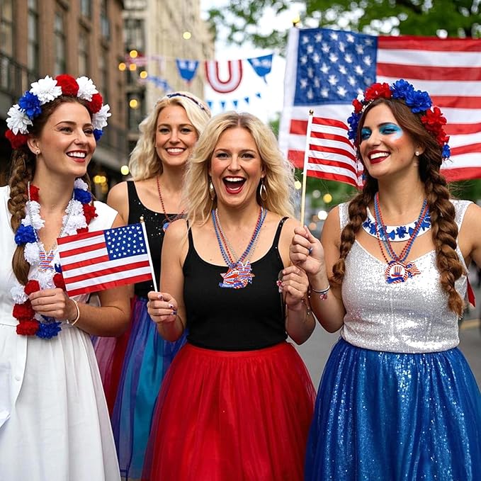 NOVWANG 24 Pcs Patriotic Beaded Necklaces Veterans Day Necklace Bulk with Felt Pendant in 12 Classic Styles for 4th of July Independence Day Memorial Day Veterans Day Party Supplies