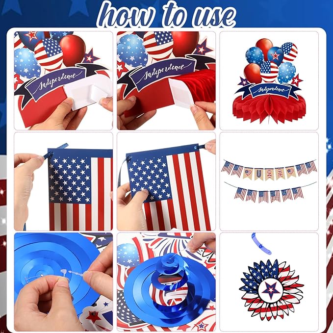 Blosssound 27 Pcs 4th of July Decorations Set Patriotic Party Decor American Flag Banner USA Hanging Swirls Independence Day Honeycomb Table Centerpieces for USA Office Home Memorial Day Supplies