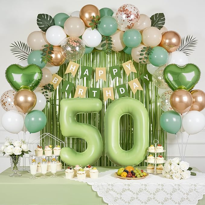 Sage Green 50th Birthday Decorations for Women Men, 50 and Fabulous Party Supplies, Sand White & Cream Balloon Kit with Green Number 50 Balloon and Fringe Curtains