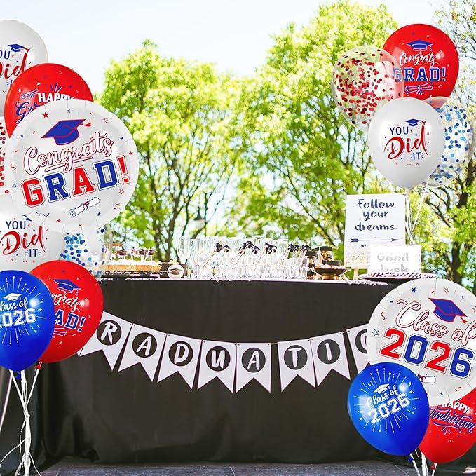 Red and Blue Graduation Balloons Graduation Decorations 2026, 51Pcs Grad Latex Balloons and Grad Foil Balloon with Confetti Ribbons Grad Party Decorations for College High School