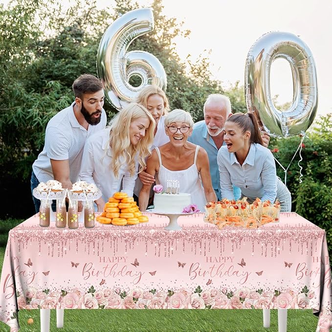 HAKOTI Pink Rose Gold Tablecloth Decoration - 3 PCS Happy Birthday Tablecloth Disposable Plastic Sequin Tablecloth Girls Birthday Wedding Party Tablecloths for 50th 60th 70th 80th Men or Women