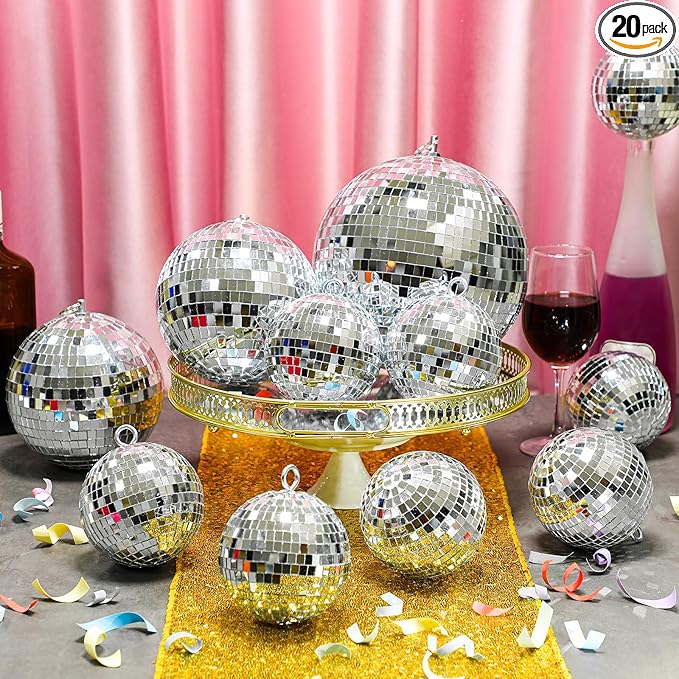 MTLEE 20 Pcs Disco Balls Decorations Assorted Size Party Decor Disco Ball Ornaments Mirror Mini Large Hanging with Rope for Wedding Festival Stage Prop(8,6,4 Inch)