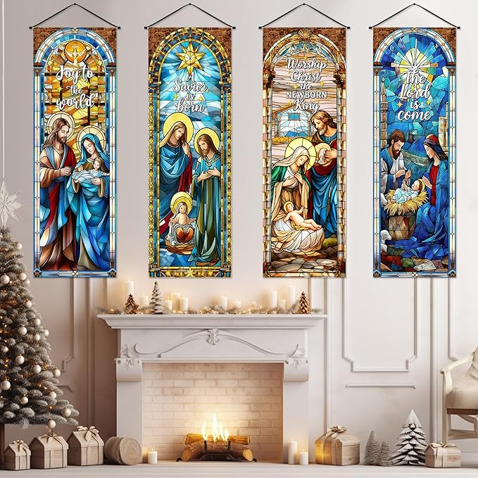 Panelee 4 Pcs Nativity Scene Banner Religious Christmas Backdrop Holy Nativity Stained Glass Style Wall Decorations Jesus Porch Sign for Xmas Indoor Outdoor Church Wall Hanging Decor