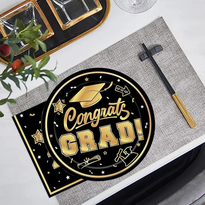 40Pcs Graduation Plates and Napkins 2025 Party Supplies, Class Of 2025 Disposable Black Gold Tableware Set for Congrats Grad Party Decorations (Graduation)